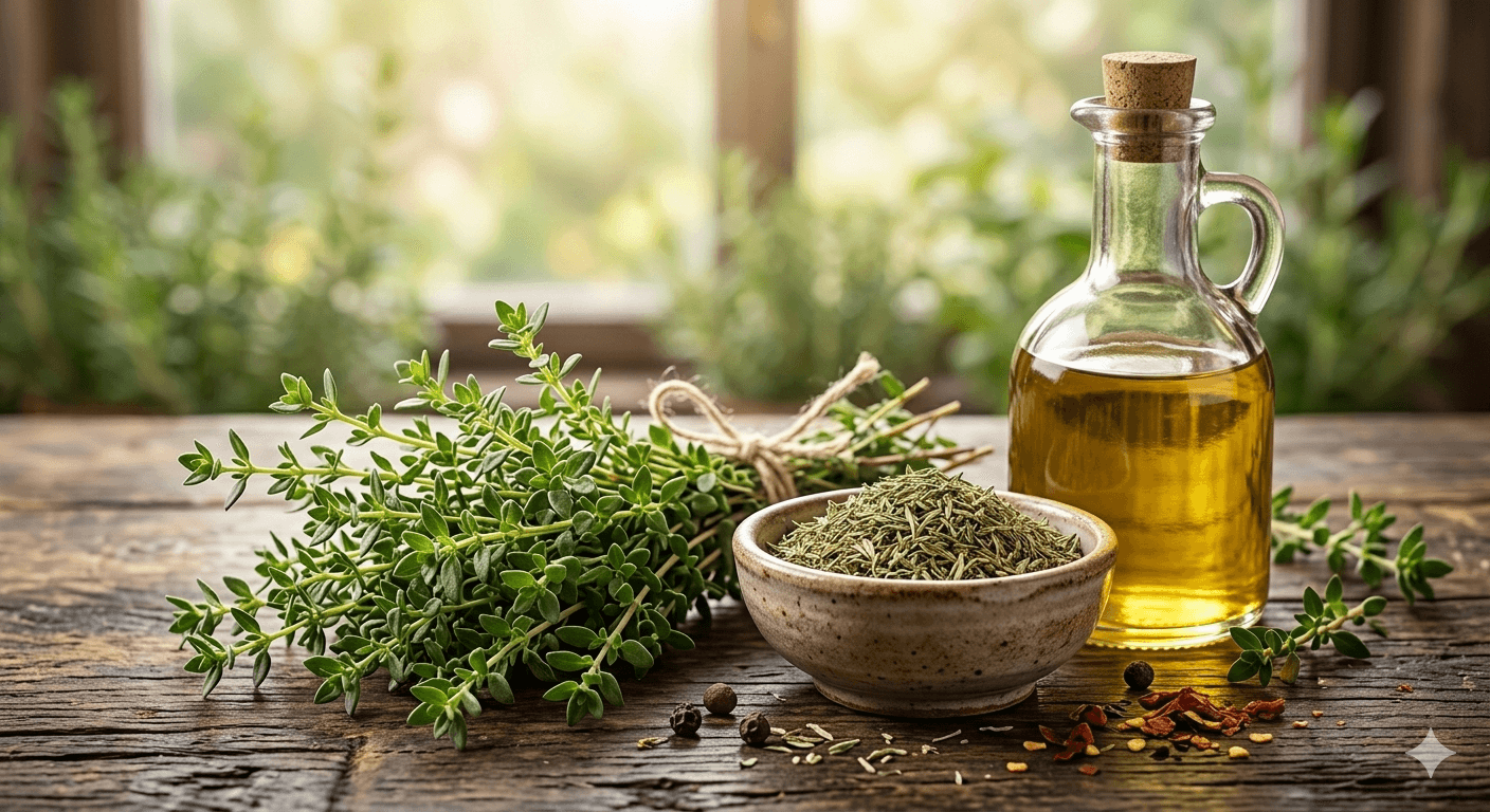 Taze kekik demeti, kurutulmuş kekik kasesi ve sızma zeytinyağı bir arada.